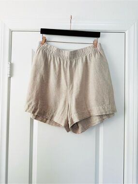 Beige Linen Rayon Blend Shorts Elastic Waist Summer Lightweight Casual XXL